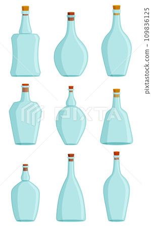 Glass bottles cartoon style vector icon set. Vector blank and empty wine bottles of various shapes 109836125