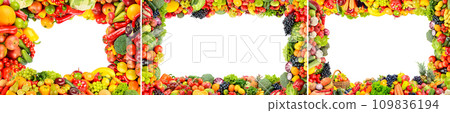Collection frames of fruits, vegetables and berries isolated on white Collection frames of fruits, vegetables and berries isolated on white 109836194