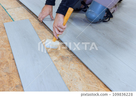 In newly constructed house worker is installing vinyl laminate flooring 109836228