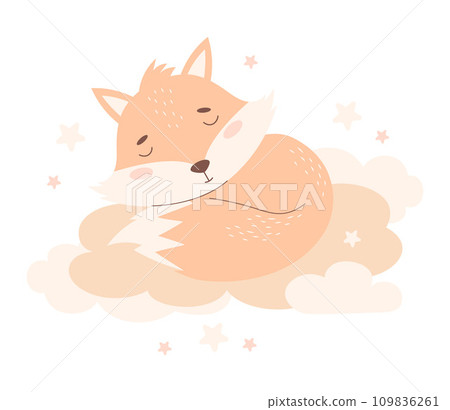 Cute sleeping animal fox on cloud. Vector illustration. Red wild animal character in pastel colors. Kids collection. 109836261