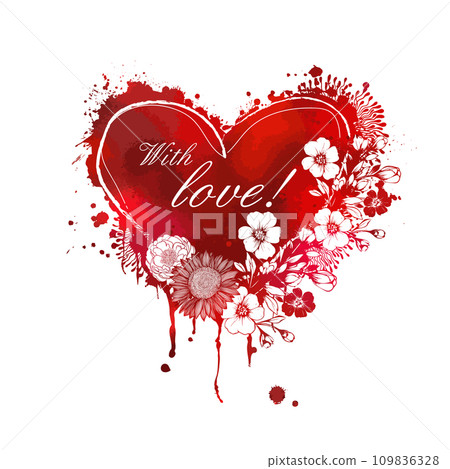 Red heart with flowers. With love. hand drawing. Not AI. sstkLOVE . Happy Valentine's Day. Vector illustration Red heart with flowers. With love. hand drawing. Not AI. sstkLOVE . Happy Valentine's Day. Vector illustration 109836328