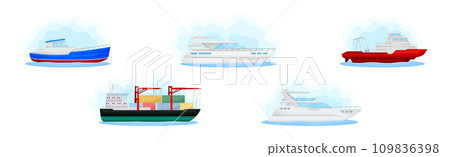 Marine Ship and Vessels Sailing in Sea Vector Set 109836398
