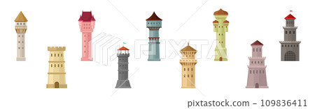 Tower and Turret of Ancient Medieval Castle or Fortress Element Vector Set 109836411