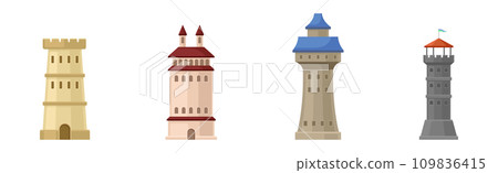 Tower and Turret of Ancient Medieval Castle or Fortress Element Vector Set 109836415