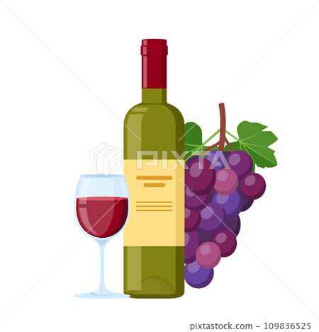 Bottle of wine with a glass and grapes. Winery. Vector illustration. 109836525
