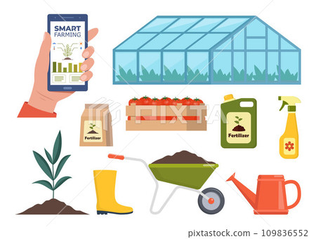 Different farm elements. Greenhouse, fertilizers, tractor, cart. Smart farming. Smartphone with app for control plants growing. Vector illustration. 109836552