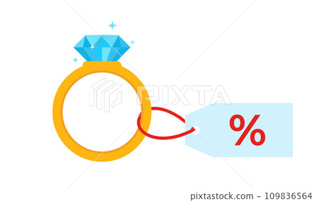 Gold ring with blue gemstone and cardboard price tag. Discount. Vector illustration. Gold ring with blue gemstone and cardboard price tag. Discount. Vector illustration. 109836564
