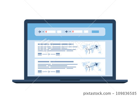 Flight search website on a laptop screen. Avia sale web site aggregator for buying tickets online. Search bar and results, flight options. Travel, journey, business trip. Vector illustration. Flight search website on a laptop screen. Avia sale web site aggregator for buying tickets online. Search bar and results, flight options. Travel, journey, business trip. Vector illustration. 109836585