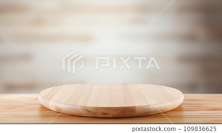 AI-generated content. A Rustic Wooden Plate on a Solid Wood Table 109836625