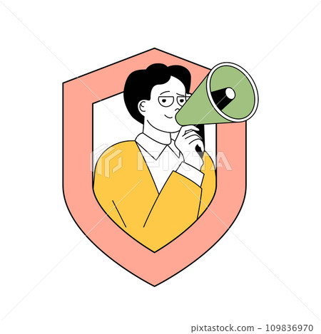 Insurance service concept with cartoon people in flat design for web. Man with megaphone makes advertisement for assurance protections. Vector illustration for social media banner, marketing material. Insurance service concept with cartoon people in flat design for web. Man with megaphone makes advertisement for assurance protections. Vector illustration for social media banner, marketing material. 109836970