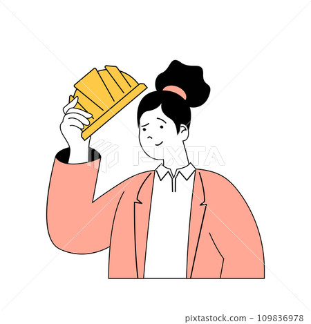 Insurance service concept with cartoon people in flat design for web. Woman with builder helmet uses occupational accident insurance. Vector illustration for social media banner, marketing material. 109836978
