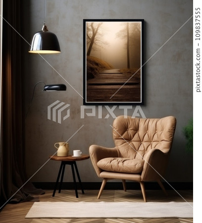 living room with sofa, chair, coffee table and lamp 109837555
