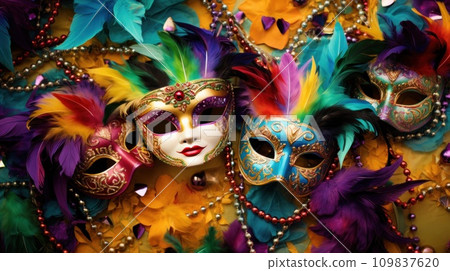 A vivid carnival background filled with lively colors, masks, and festive flair A vivid carnival background filled with lively colors, masks, and festive flair 109837620