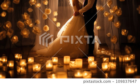 A romantic wedding scene with soft lighting, roses, and room for heartfelt messages 109837647