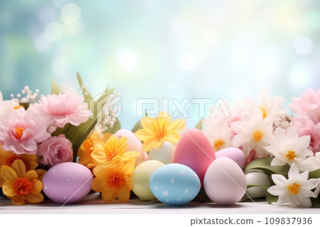 Vibrant background, colorful eggs, festive decorations, and a canvas for joyful messages Vibrant background, colorful eggs, festive decorations, and a canvas for joyful messages 109837936