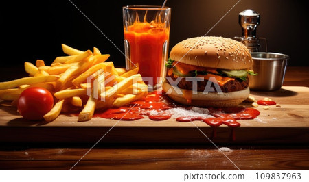burger and fries with ketchup on a wooden board 109837963