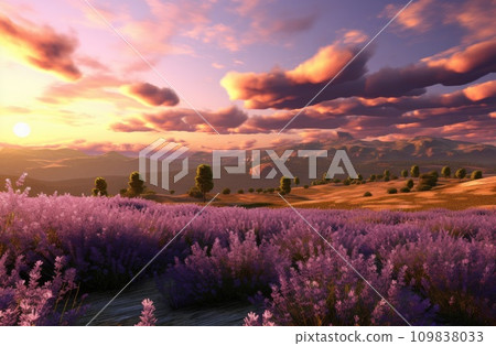 an image of purple lavender fields with sunset over them an image of purple lavender fields with sunset over them 109838033