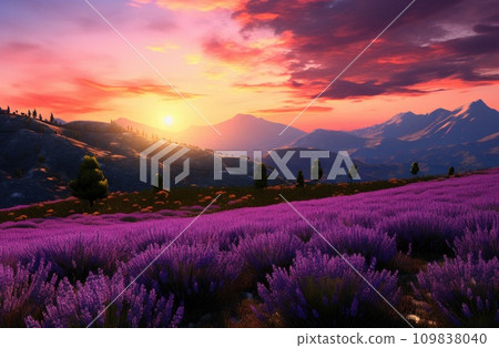 an image of purple lavender fields with sunset over them an image of purple lavender fields with sunset over them 109838040