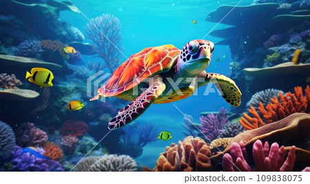 an ocean scene with an turtle and marine life an ocean scene with an turtle and marine life 109838075