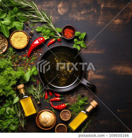 Selection of spices, herbs and olive oil on dark table 109838166