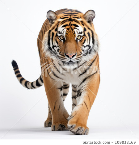 Male bengal tiger walking in front of a white background. Male bengal tiger walking in front of a white background. 109838169