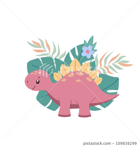 Dinosaur with tropical leaves. Funny cute childish vector illustration for design and print. Dinosaur with tropical leaves. Funny cute childish vector illustration for design and print. 109838299