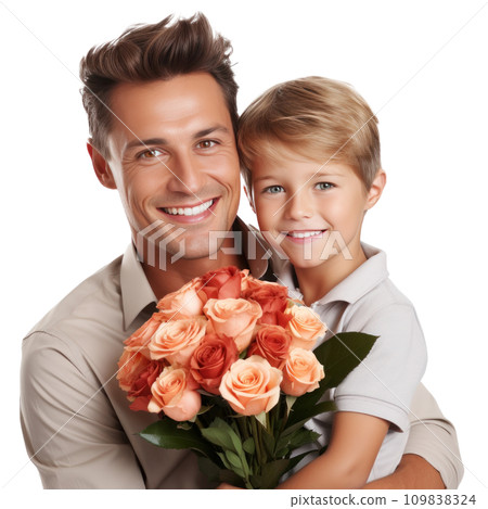 boy and father with flowers bouquet isolated 109838324
