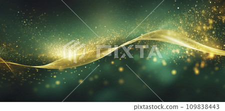 AI-generated content. Waves of golden sparkles, shiny glitter bokeh lights on green background 109838443