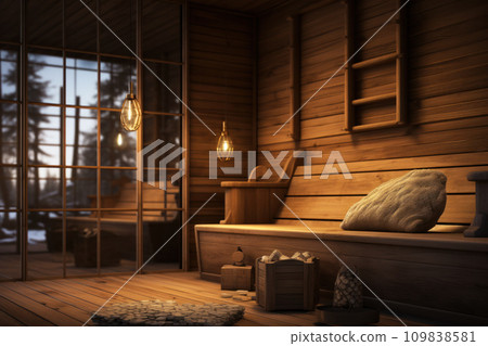 Modern sauna interior, wood bathroom for hot treatments. Wooden steam room, spa in hotel or home in winter. Theme of Finnish house, Scandinavian culture, travel to Finland and Russia 109838581