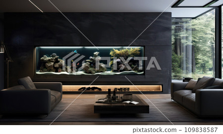 Modern home interior design, luxury aquarium inside villa or mansion. Dark contemporary living room of house in forest. Concept of minimalist eco style, nature 109838587