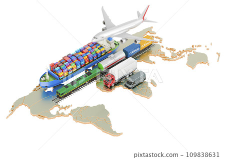 Cargo shipping and freight transportation by ship, airplane, train, truck and delivery van. 3D rendering Cargo shipping and freight transportation by ship, airplane, train, truck and delivery van. 3D rendering 109838631