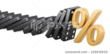 Crisis management, stop risk concept. Percent symbol stopped effect domino, 3D rendering 109838639