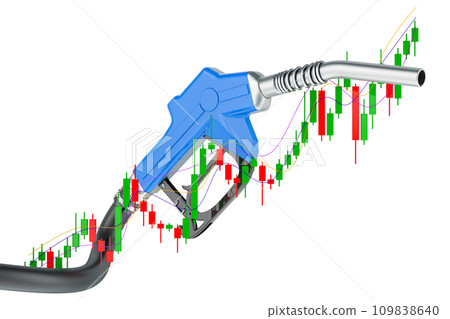 Fuel pump nozzle with candlestick chart, showing uptrend market. 3D rendering 109838640
