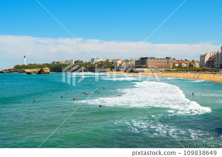 Scenic landscape of the beach and coastline of Biarritz, famous touristic destination in France. 109838649