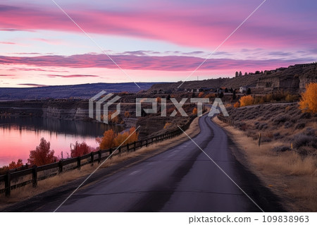 AI-generated content. Seashore Road Leading Into the Distance, Orange Sunset Sky - Breathtaking Nature 109838963