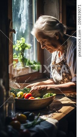 Senior woman washes various vegetables 109839071
