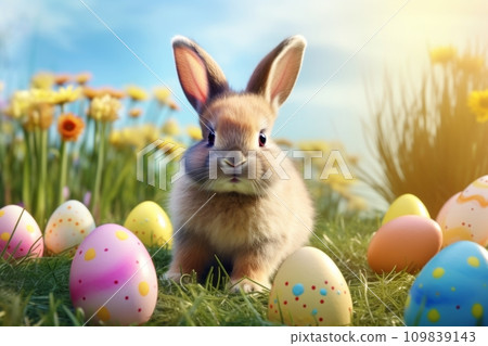Easter bunny among Easter eggs 109839143