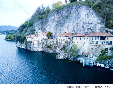 Drone view at the monastery of Santa Caterina del Sasso on lake Maggiore Italy Drone view at the monastery of Santa Caterina del Sasso on lake Maggiore Italy 109839530