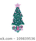 Decorated Christmas tree illustration. A tall fir tree with a star on top, decorated with ornaments and lights, and colorful wrapped gifts underneath. Isolated on a white background. 109839536