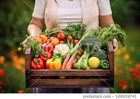 Young girl holds a box with vegetables 109839741