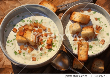 Cream soup with garlic croutons 109839749