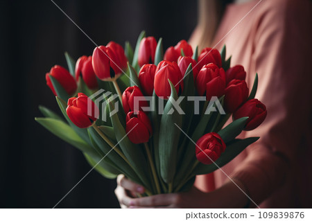 AI-generated content. Close-up of a bouquet of red tulips in the hands of a girl in a blouse on a dark background AI-generated content. Close-up of a bouquet of red tulips in the hands of a girl in a blouse on a dark background 109839876