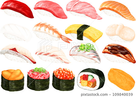 sushi variety conveyor belt sushi toppings 109840039
