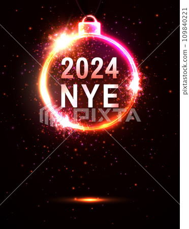 2024 NYE party New Year Eve neon poster template. Christmas ball circle frame with text particles sparkles on red background. Light celebrating decoration invitation design. Bright illustration 109840221