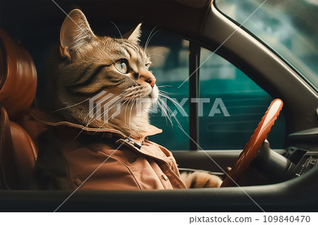 Cool cat driver wearing brown jacket in modern car, generative AI. Cool cat driver wearing brown jacket in modern car, generative AI. 109840470