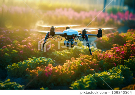 Agricultural drone flying on flower bed, morning light, generative AI. 109840564