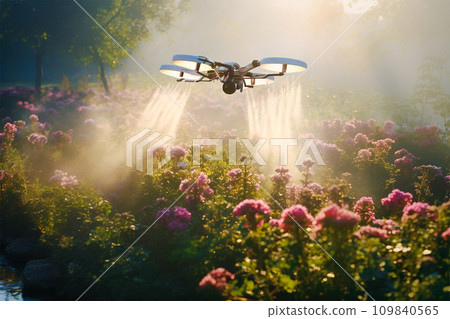 Agricultural drone sprying water on flower bed, morning light, generative AI. 109840565