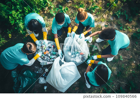 Group of volunteers childrens collected trash in city park, generative AI. 109840566