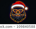 Neon lamp of happy Santa Claus face, color line cartoon style,  generative AI. 109840588