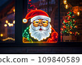 Neon lamp of happy Santa Claus on the window of the shop, color line cartoon style, generative AI. 109840589